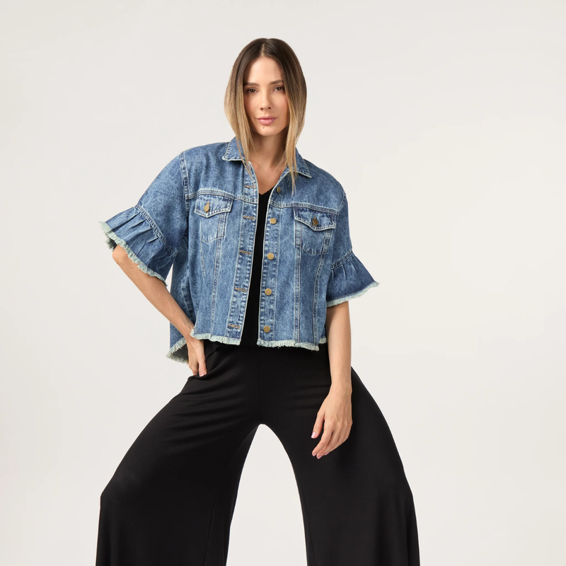 RUFFLE DENIM JACKET BLUE