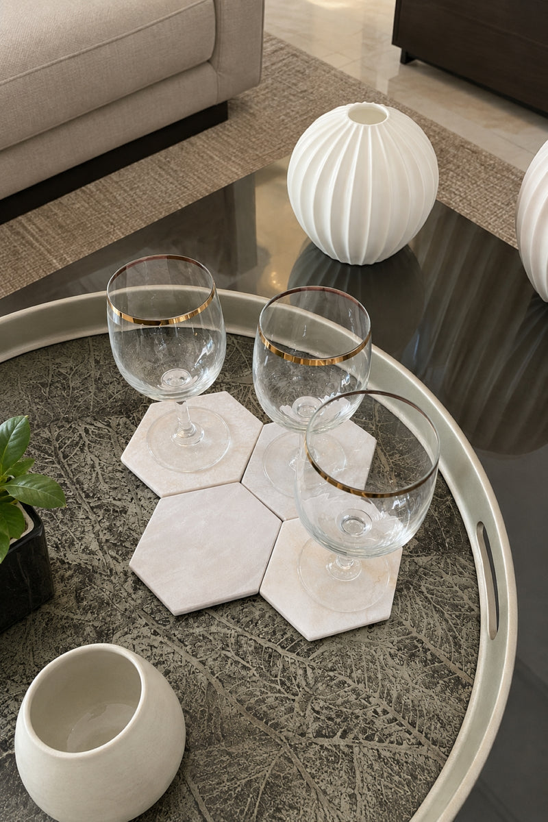 Set de 4 Posavasos Hexagonales en Alabastro Andino Blanco