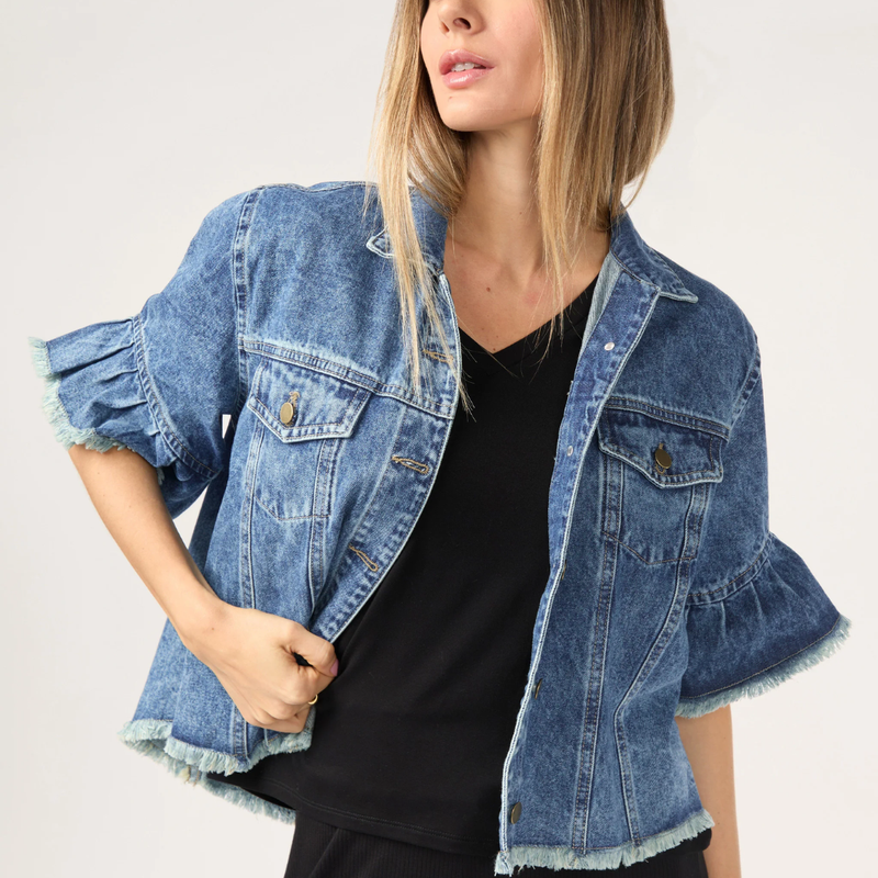 RUFFLE DENIM JACKET BLUE
