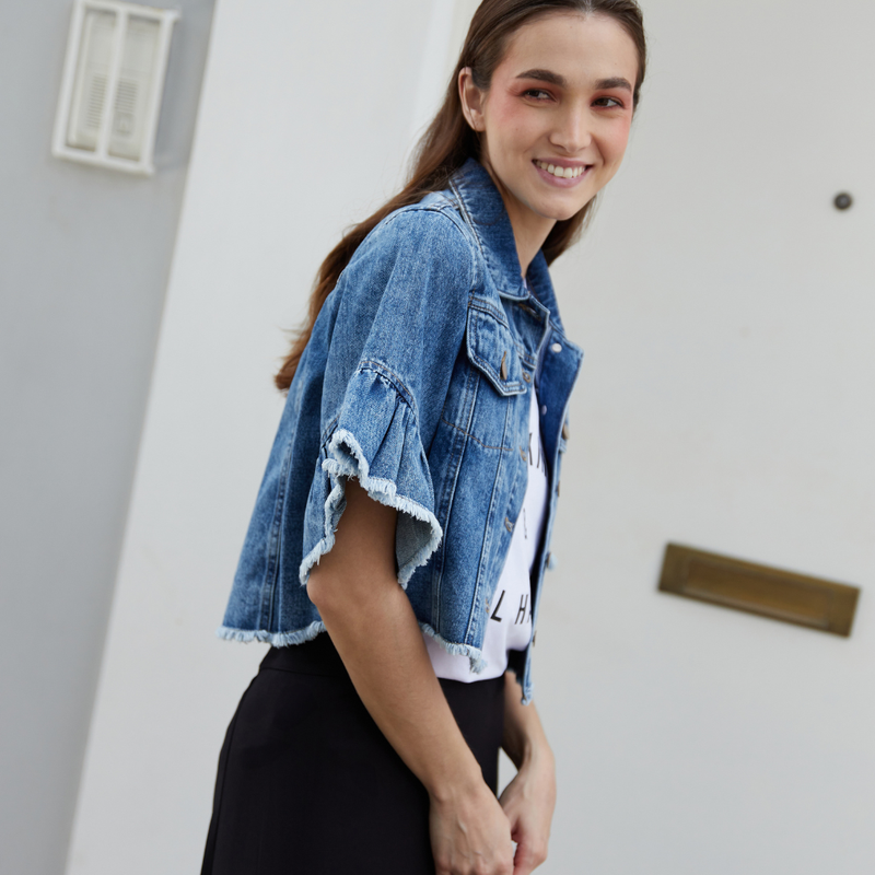 RUFFLE DENIM JACKET BLUE