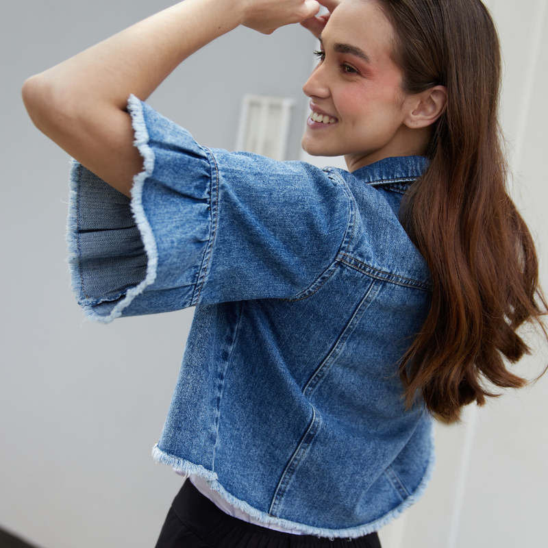 RUFFLE DENIM JACKET BLUE