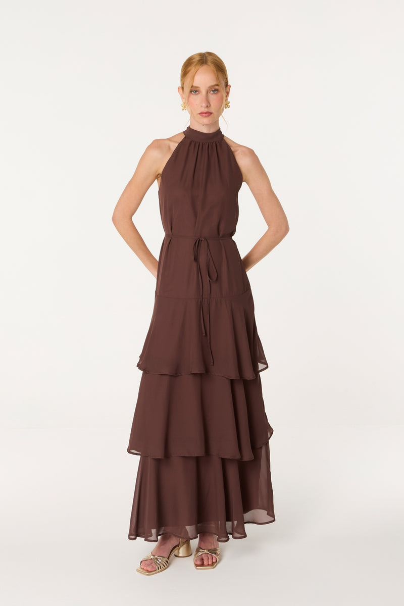 Vestido Halter Gasa Canela