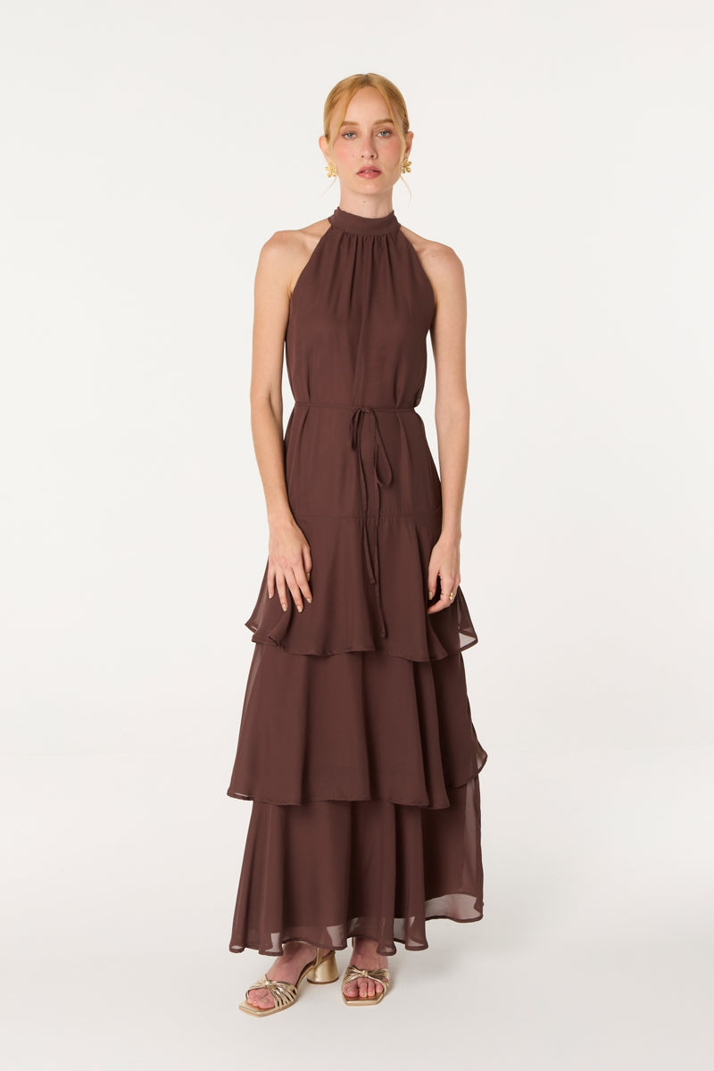 Vestido Halter Gasa Canela