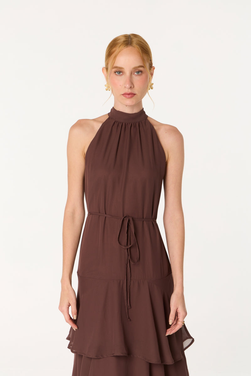 Vestido Halter Gasa Canela