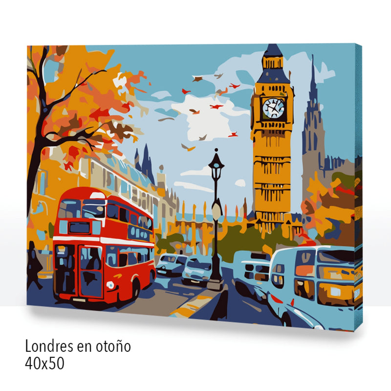 Pintura por números de Londres en otoño con el Big Ben, autobús rojo y paisaje urbano icónico.