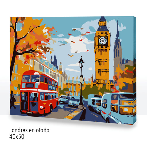 Pintura por números de Londres en otoño con el Big Ben, autobús rojo y paisaje urbano icónico.